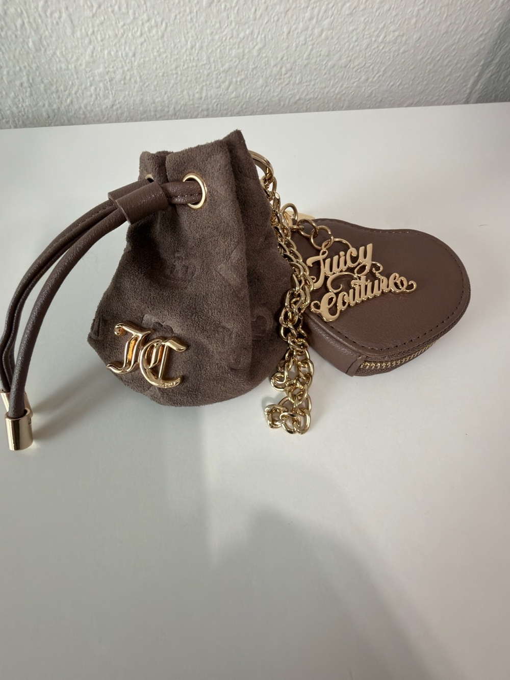 Juicy Couture Chocolate Brown Mini Pouch & Heart Coin Purse Bag Charm Duo Y2K